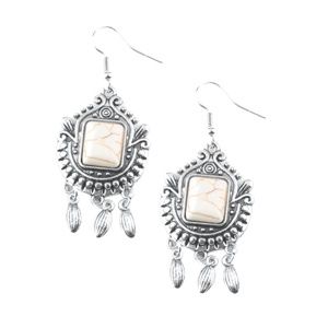 Silver Frame Square White Stone Fringe Earrings Fishhook OPEN PASTURES
